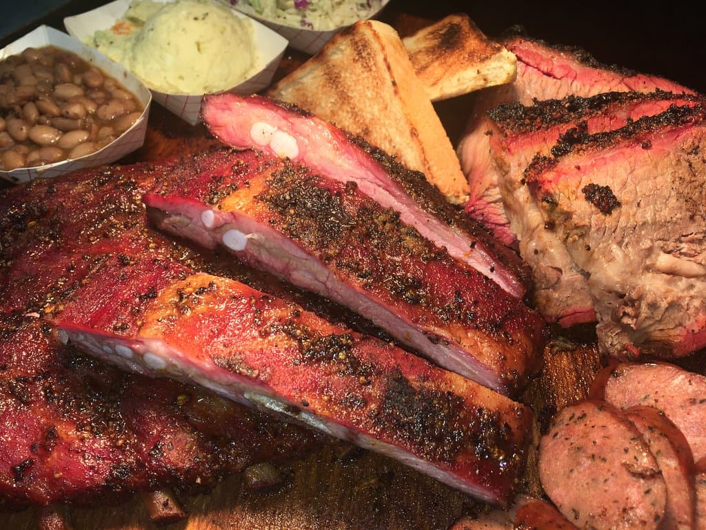 Brisket, Ribs, Sausage, Beans, Potato Salad and Slaw.
Come by and see for your self.   