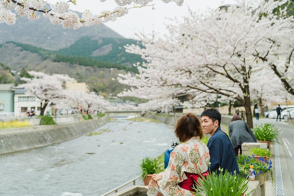 春には川端の桜並木が綺麗です。