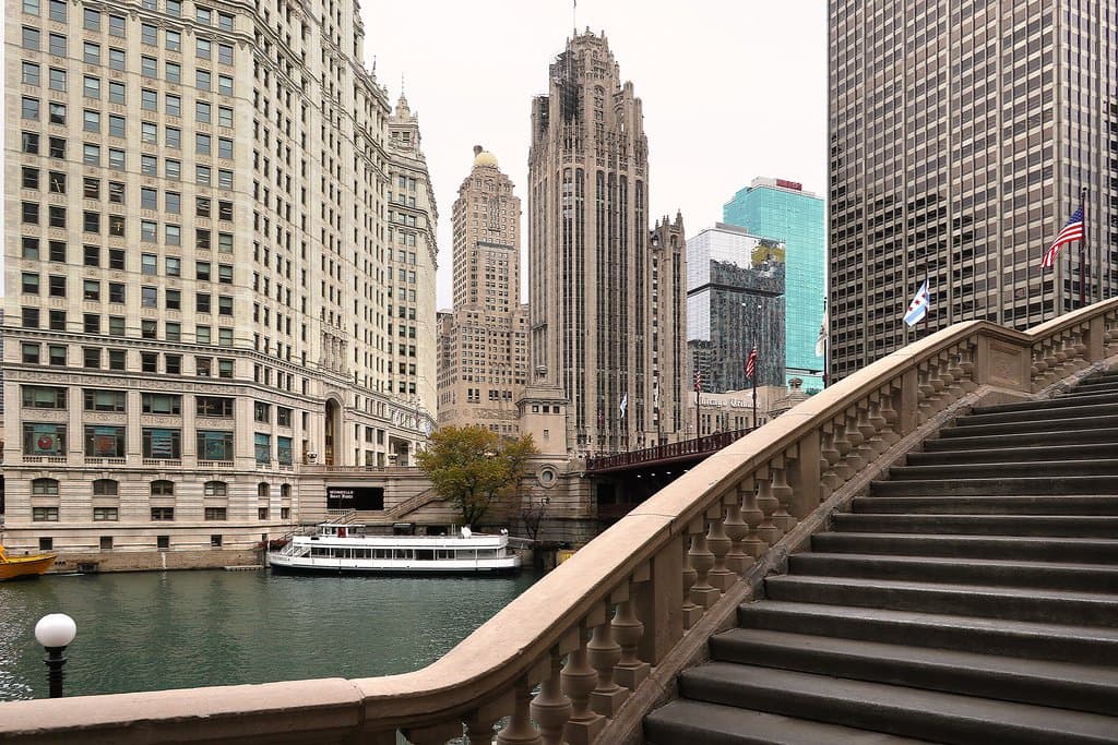 The Chicago Riverwalk - A Pathway Along the Chicago River, Roughly Parallel to Wacker Drive - Starts at the Riverwalk Gateway Tunnel Under Lakeshore Drive, and Runs for Several Miles w/ Parks, Museums, Historical Landmarks, Restaurants/Bars, Attractions, Art Installations and Lighted Passages Below the Famous Bridges Over the Chicago River. Broken in Spots (North Bank of the River), it is Accessible From Various Stairs Down From Street Level