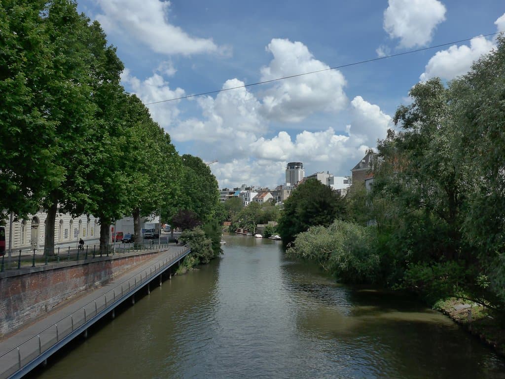 Ghent, Lys River with Boekentoren in the background