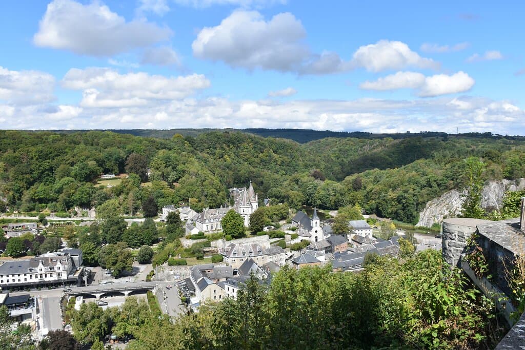 Zicht op Durbuy en de beboste heuvels van de Ourthevallei.