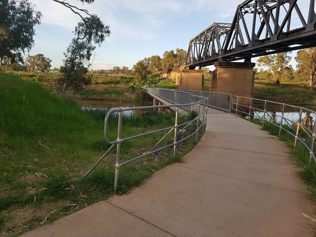 The Tracker Riley Cycleway crosses the Macquarie river at a number of points. This is the cycle bridge near the Dundullimal Homestead next to an abandoned railway line.