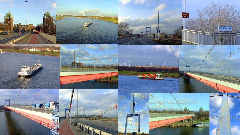 Collage: Von dieser Rhein-Brücke, hat man interessante Ausblicke in die nahe wie weitere Umgebung...  Man wird viele  Binnen-Schiffe sehen...