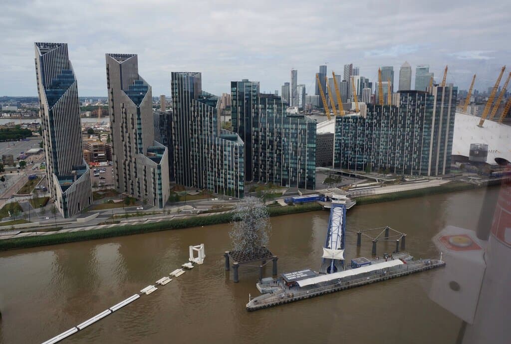 Sir Antony Gormley's sculpture, 'Quantum Cloud', at Greenwich North Pier, London.  This is from the cable car!