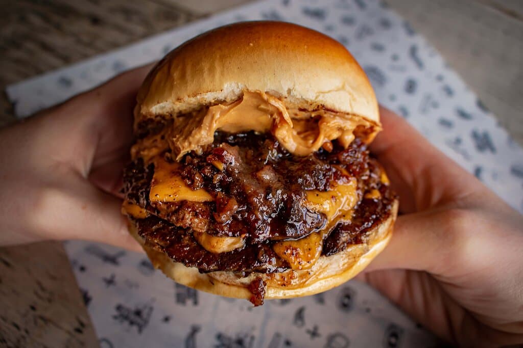 PB+JJ - Double patty, American cheese, chunky peanut butter, bacon jam + smoked chilli jello
