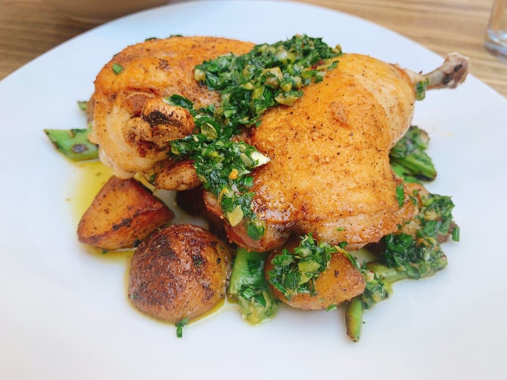 roasted half chicken - confit potatoes, romano beans, salsa verde