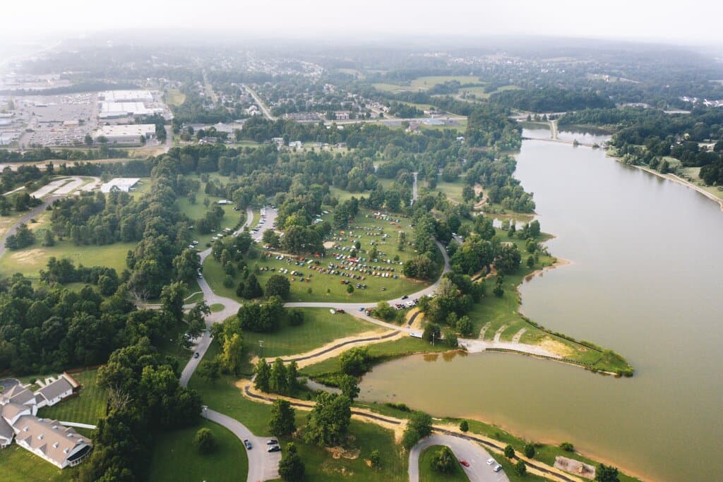 A beautiful drone shot of Freeman Lake in Elizabethtown, Kentucky.
