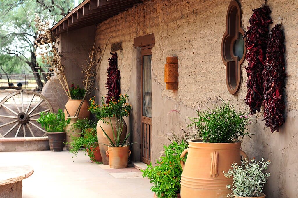Historic guest ranch with original handmade adobe brick buildings. 