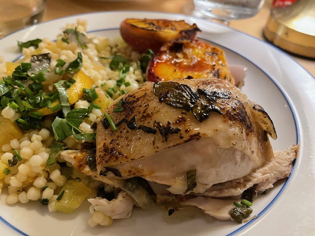 The marinated chicken thigh with roasted peaches was excellent. I don't even normally like leeks, but this dish was amazing.