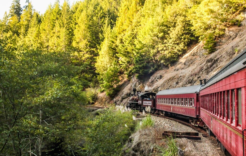 The Old #45 steam engine makes its way around a bend