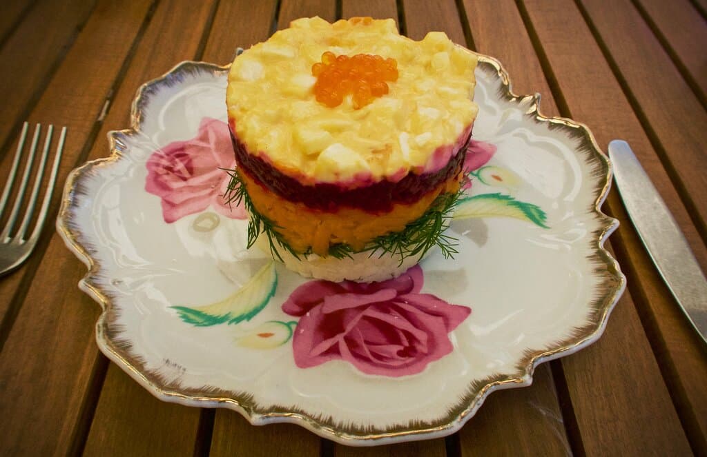 "Salted Scott Reef Monkfish 'Under a Fur Coat'" $16 Monkfish, fennel tops, grated carrot, grated beetroot, hardboiled egg with mayo, with a bit of (salmon?) 'caviar'.  Looks better than it tastes. 