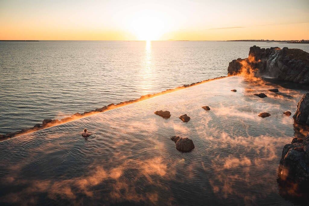 Fall sunsets are divine by the seaside and wonderful to enjoy the warmth of geothermal water. 
