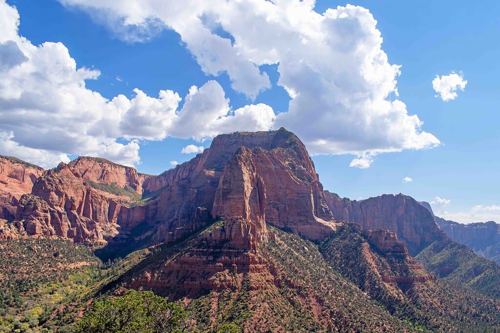 Viewed from Timber Creek Overlook: Shuntavi Butte (elevation 6,995, ft.) in front of Timber Top Mountain (elevation 8,055 ft.) in the Kolob Canyons section of Zion National Park. (AlpinerHut)