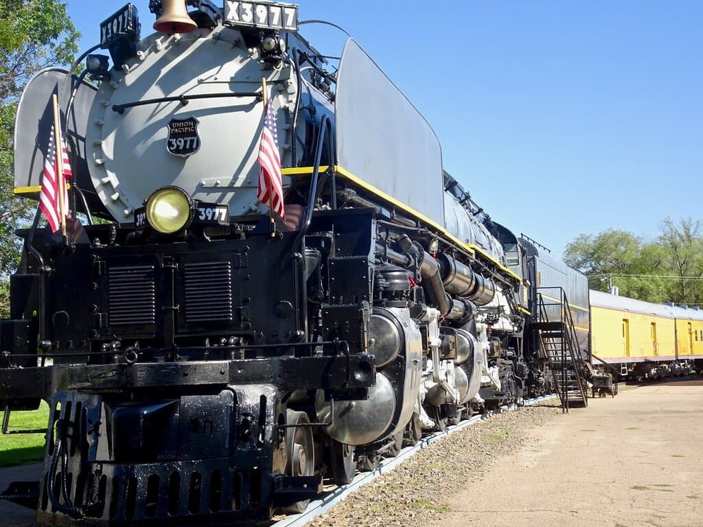 Challenger Engine #3977, one of only two remaining 3900 class engines, builtl by American Locomotive Company in 1943, moved to Cody Park in 1968.
