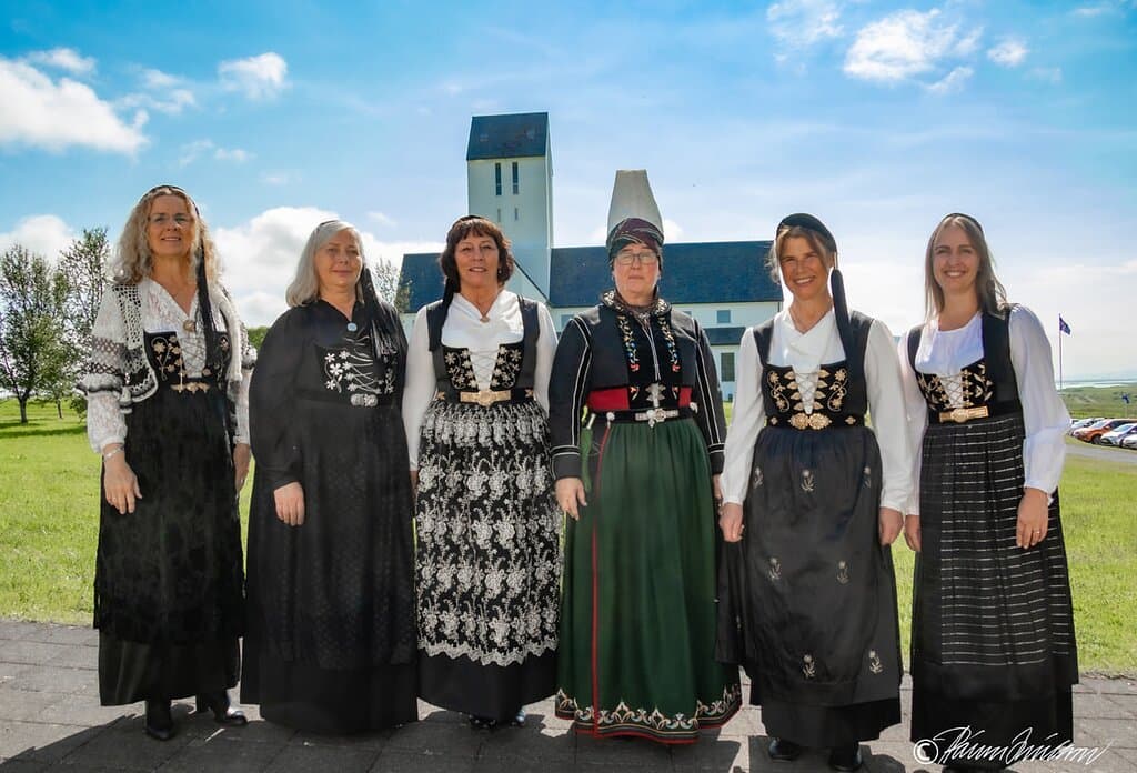 The Icelandic national costume. Women wearing the Icelandic national costume at Skalholt cathedral
Skalholt Cathedral is open every day from 9 am - 5 pm Restaurant is open from 10 am - 4 pm. 
www.skalholt.is