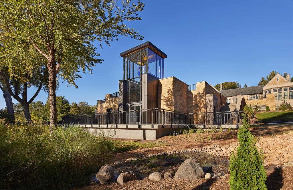 The Bakken Museum front entrance seen from the museum's wetlands.
