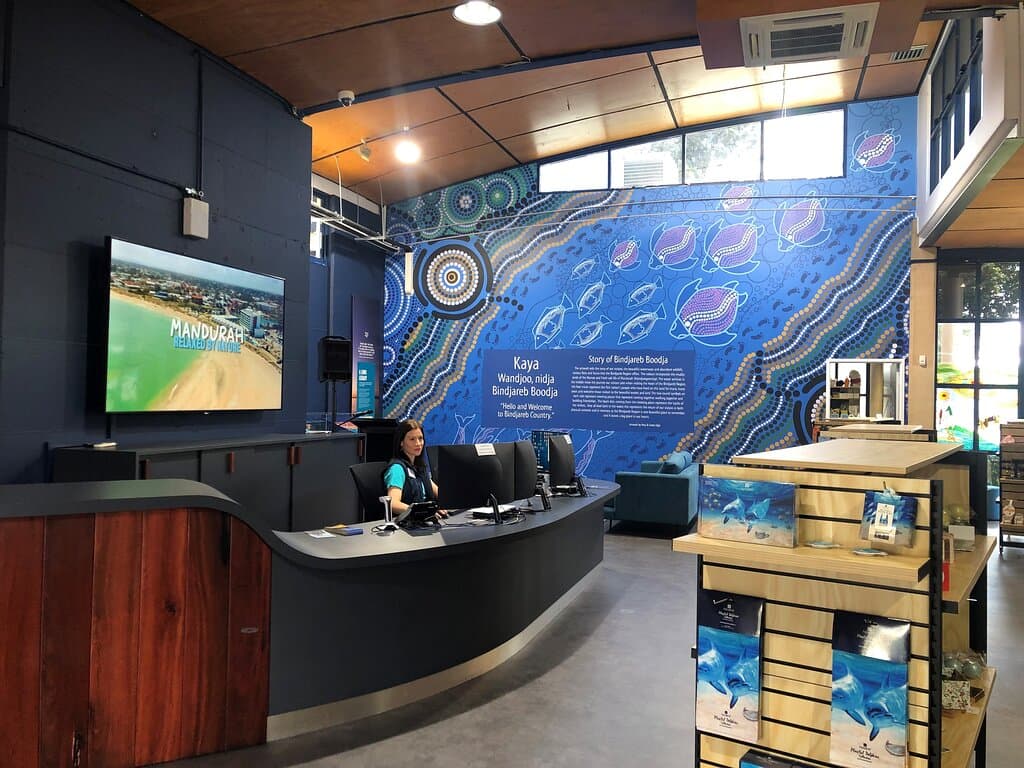 Inside the Mandurah Visitor Centre. Our friendly staff is looking forward to helping you with bookings or visitor information. Or check out our fantastic souvenirs.