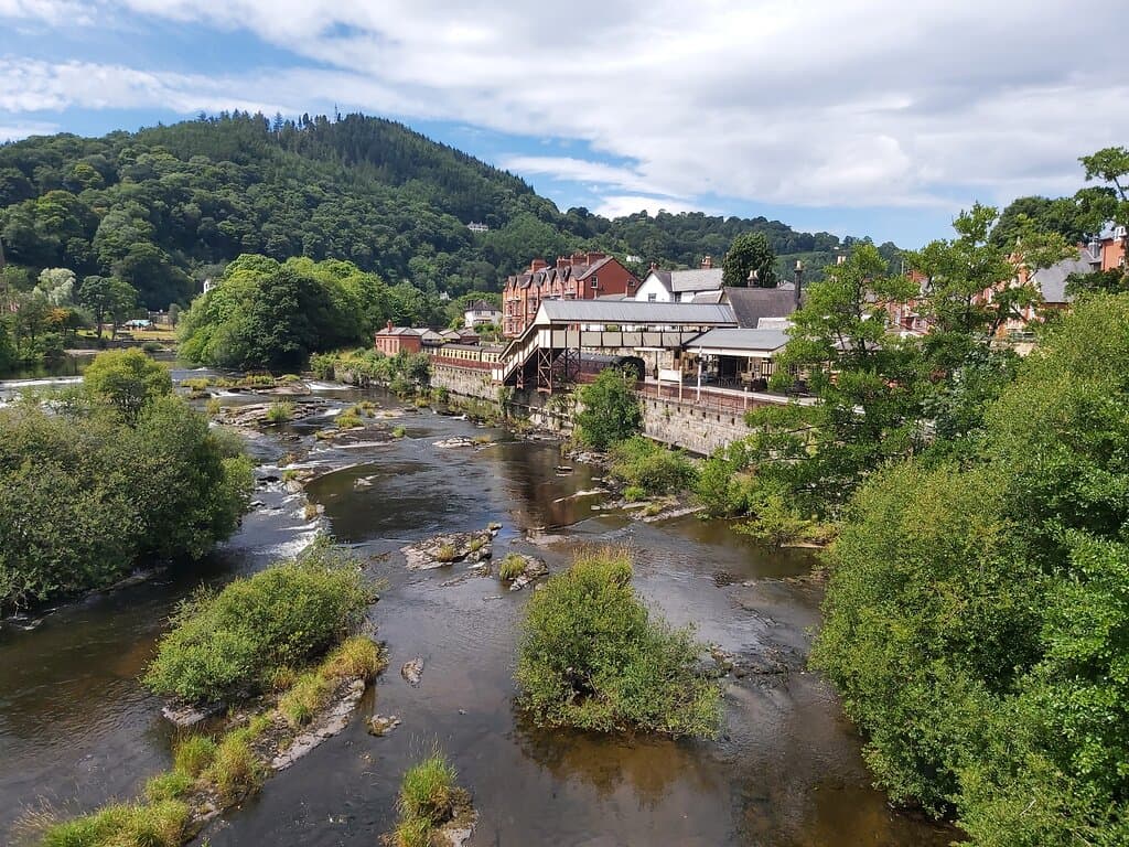 Llangollen Railway Station as viewed from the historic Llangollen Bridge over the River Dee. 