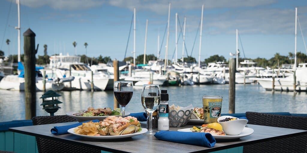 Dockside Waterfront Grill is located at Historic Fisherman's Wharf Marina, Marker 4 by boat.