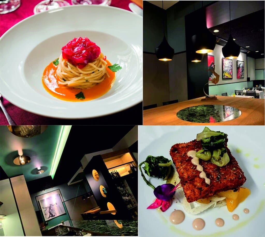 Carrettiera con tartare di pesce, cotoletta di mare con bottarga di tonno e interni del ristorante