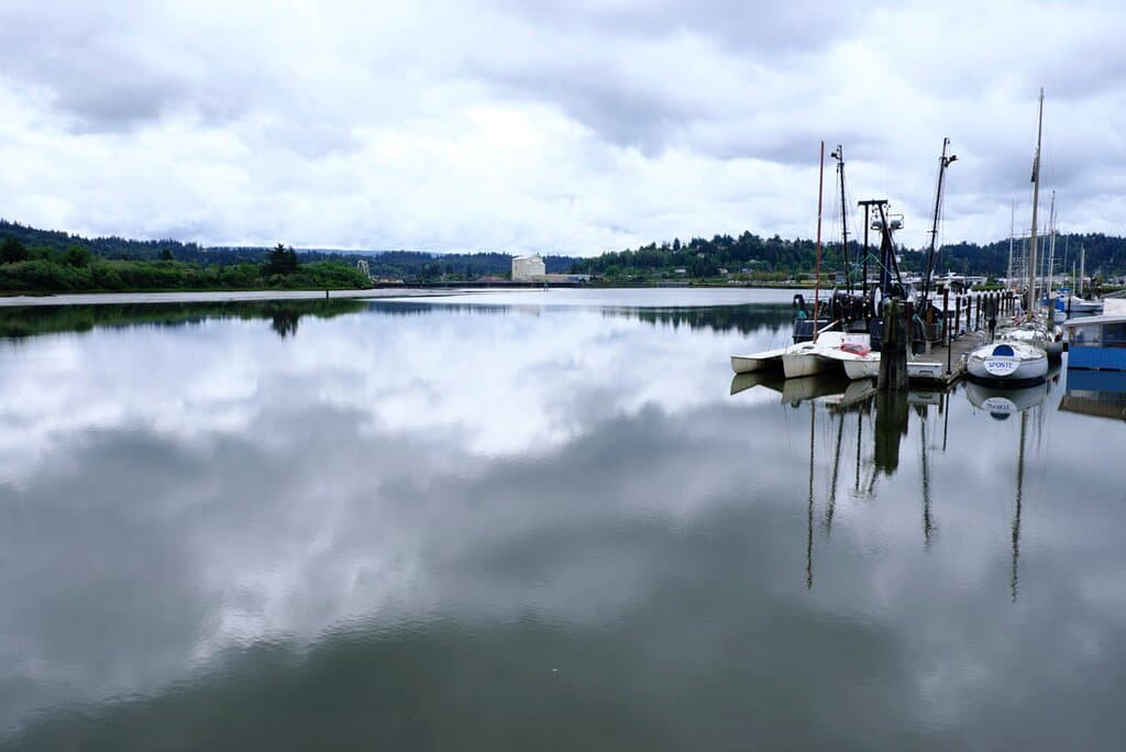 The boardwalk has great views of the Coos Bay waterfront.