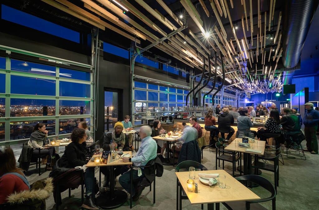 Busy night at The Woods rooftop restaurant