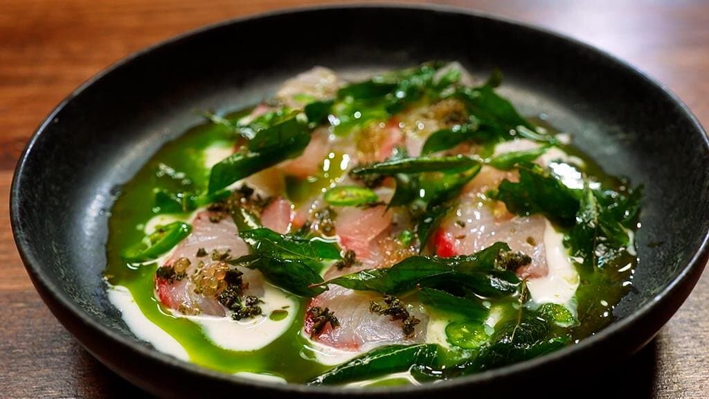 Signature dish from masterchef season 14, curry leaf cured snapper