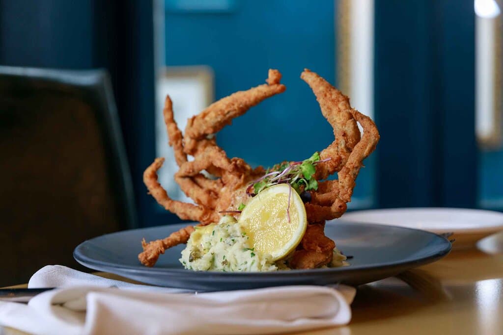 Hallelujah Crab- Fried Soft-Shell Crab, Seafood Stuffing, Creolaise Sauce, Tartar Mashed Potatoes