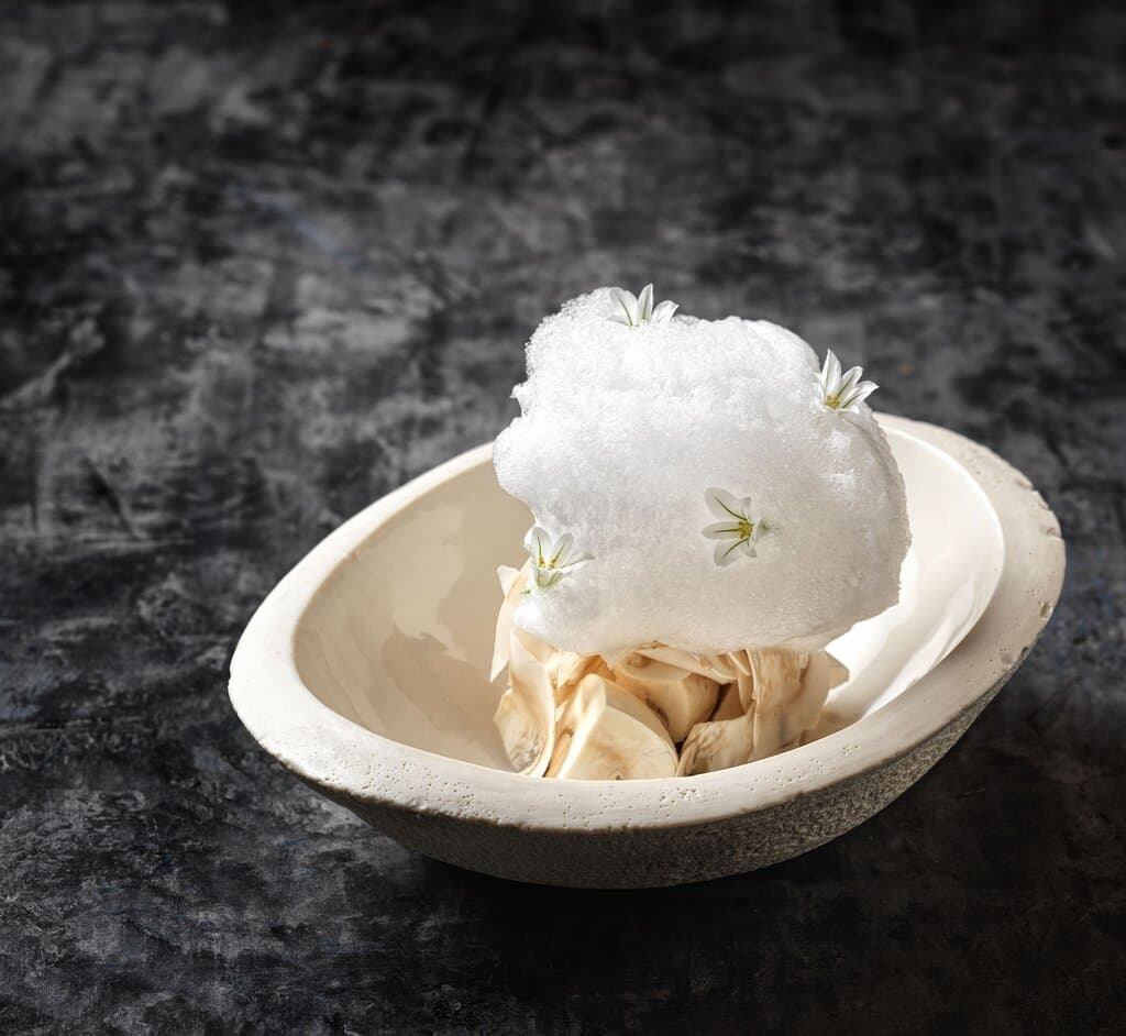 Cromatismo blanco, champiñón, coliflor, trufa y piñón.