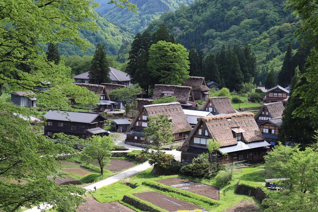 新緑の山々に囲まれた相倉合掌造り集落の眺め1