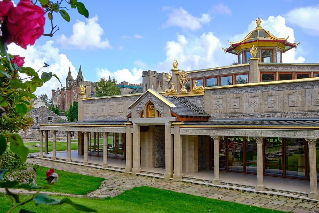 Kadampa Temple for World Peace with Conishead priory in the background