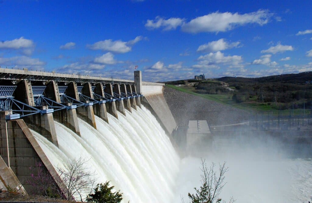 Table Rock Dam with all 10 gates open. Gates are open as needed to release flood waters downstream. Otherwise, most of the water flows through the turbines in the powerhouse to make electricity. 