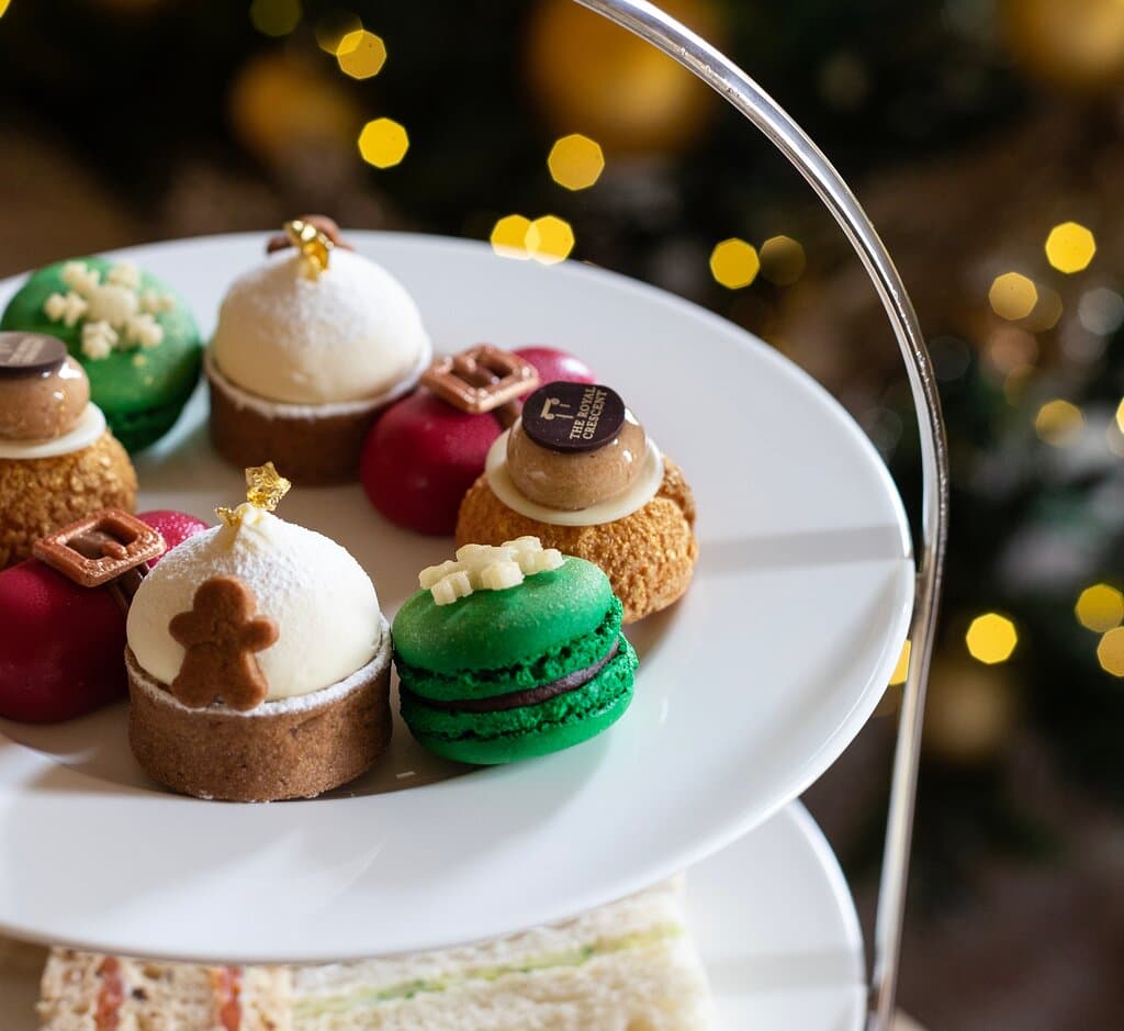 Festive Afternoon Tea at the Royal Crescent Hotel & Spa. Delicate finger sandwiches, scones with clotted cream and strawberry preserve, chocolate praline buns, exquisite mini festive pastries. Choose from our wide selection of teas or enjoy a flight of Taittinger Champagne for the ultimate luxury experience.