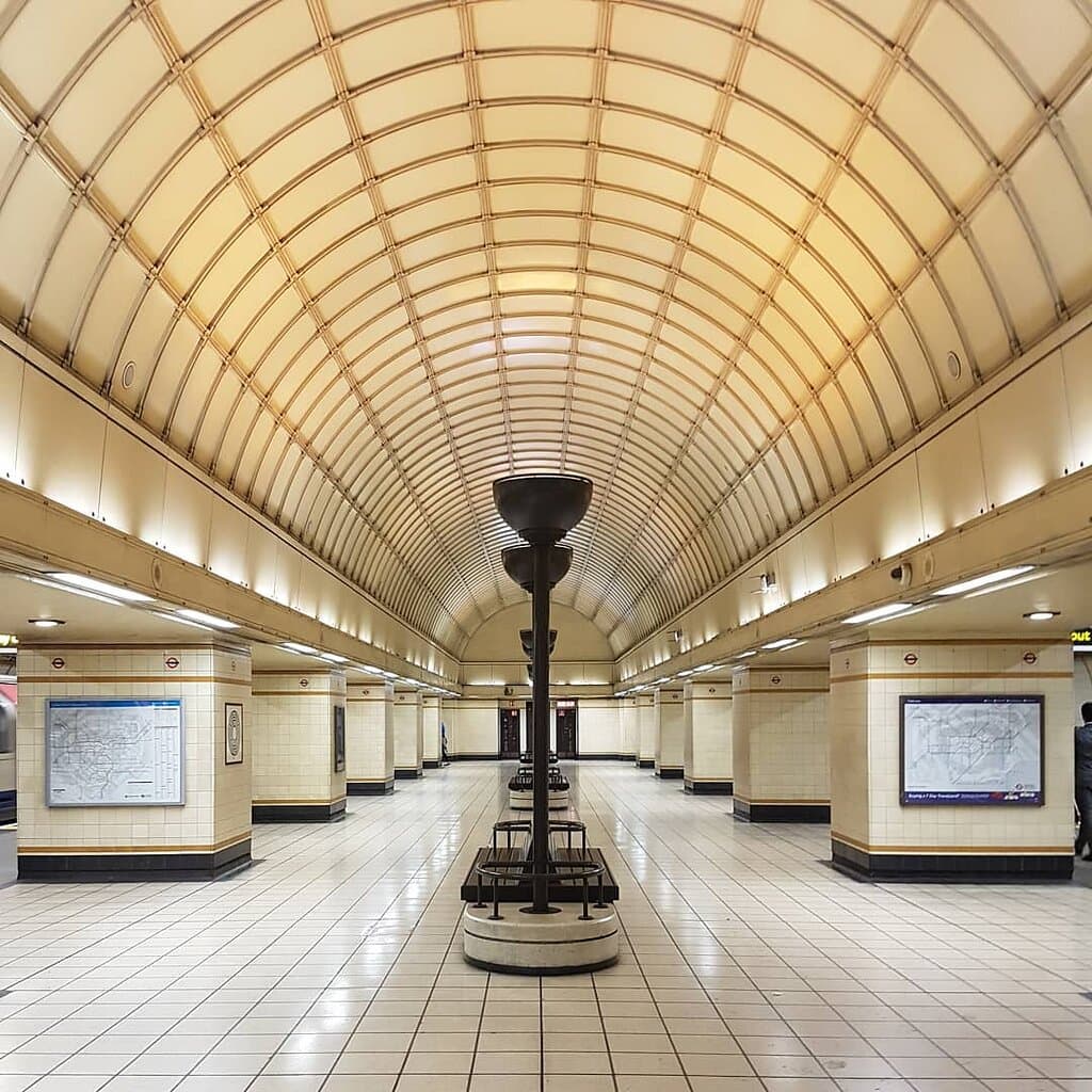 Wonderfully elegant vaulted ceilings and uplighters from the architect Charles Holden, who was responsible for so much of the classic underground design during the inter-war years.   If you go to Gants Hill station, don't be fooled by the roundabout, go underground and pause a minute on this concourse between the 2 platforms.      