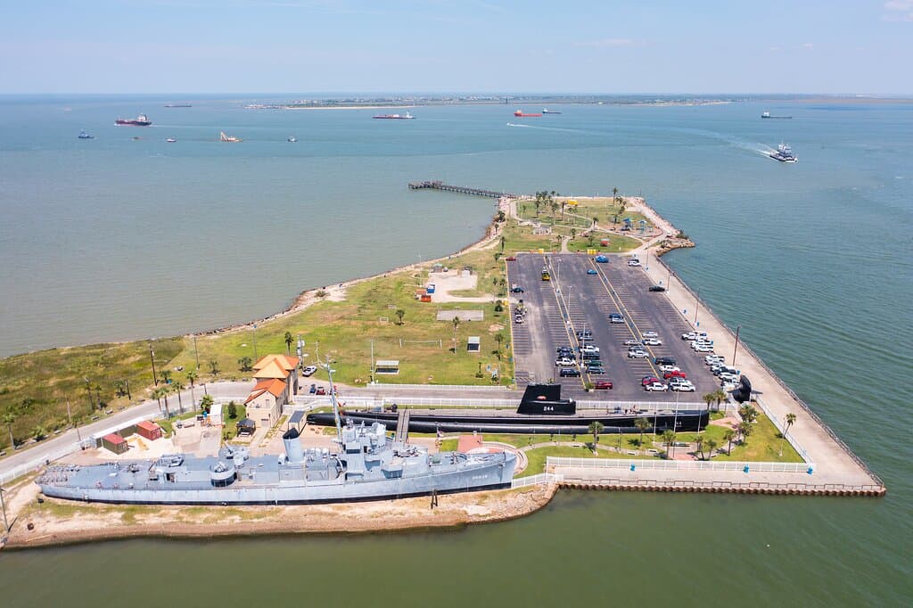 Aerial view of Seawolf Park - with the Galveston Naval Museum (foreground) - in Galveston, Texas.