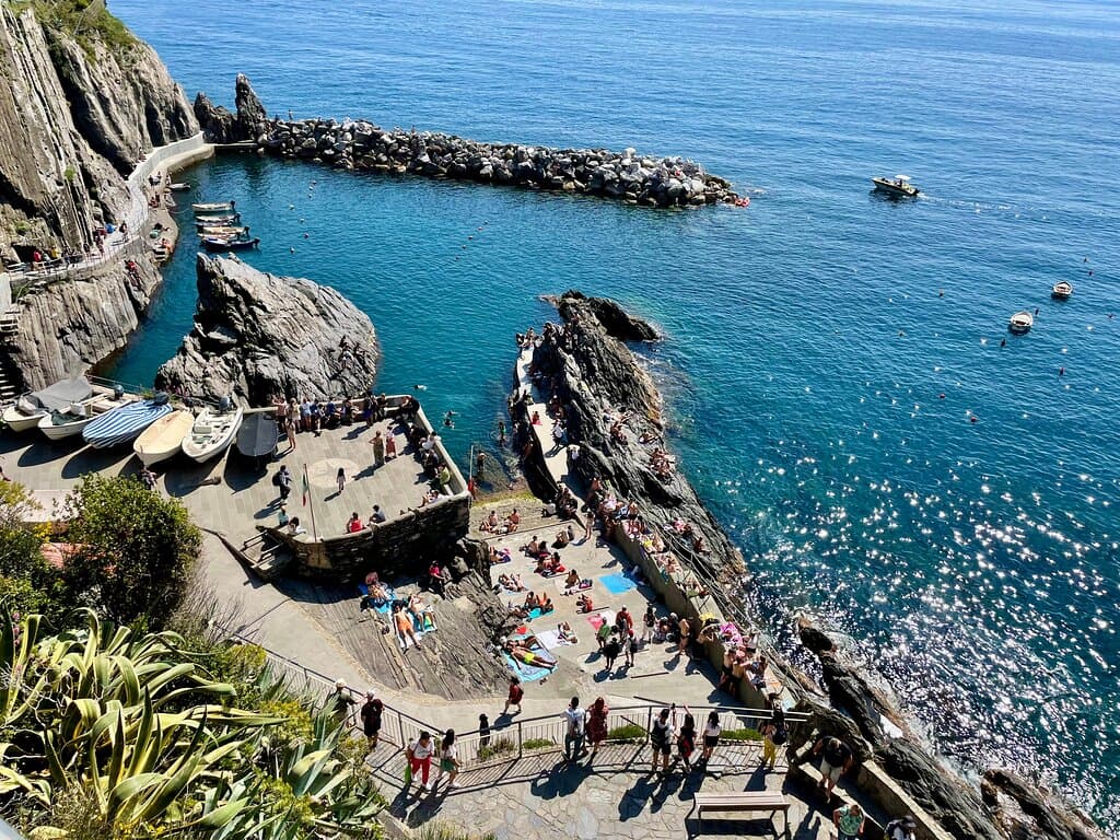 Manarola's small port is a colourful, lively area, packed with sunbathers, swimmers and sightseers.