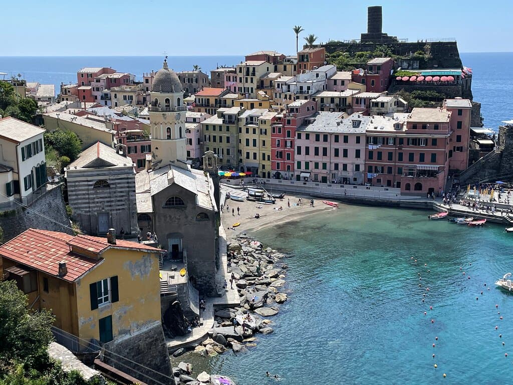 Looking down over Piazza Guglielmo Marco and the harbour as we descended from the Cinque Terre walking trail from Monterosso to Vernazza.