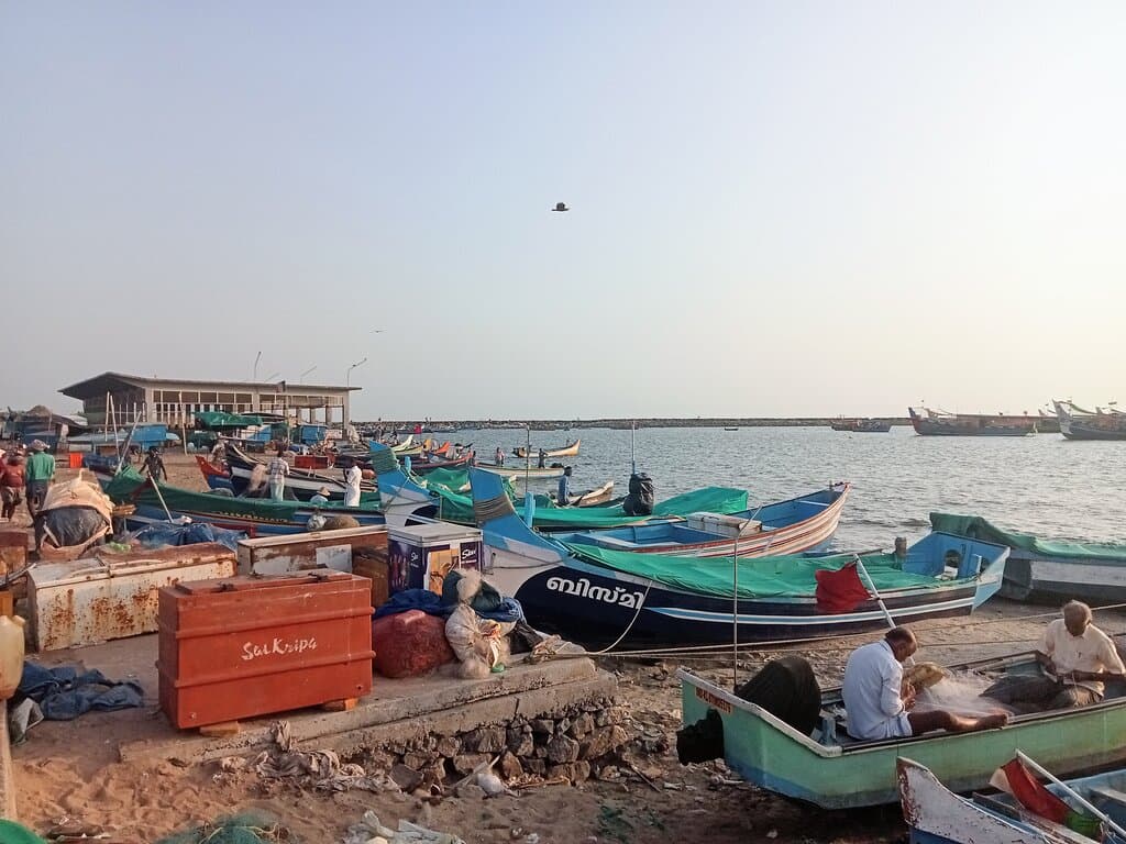 Vellayil Fishing harbour Kozhikode, Kerala, India. March 2023.