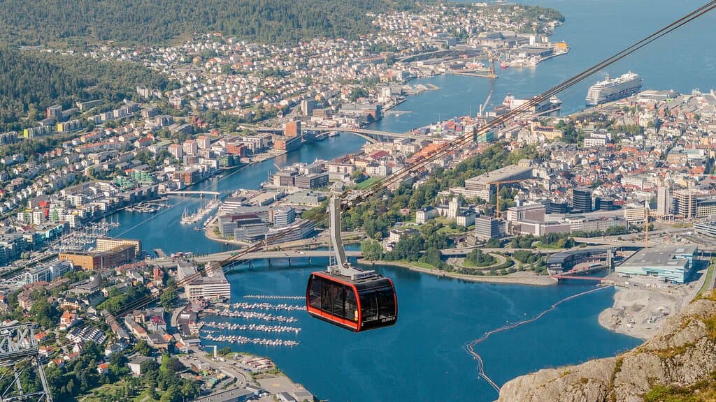 Norways largest cable car takes you to the top of the highest mountain surrounding the city of Bergen