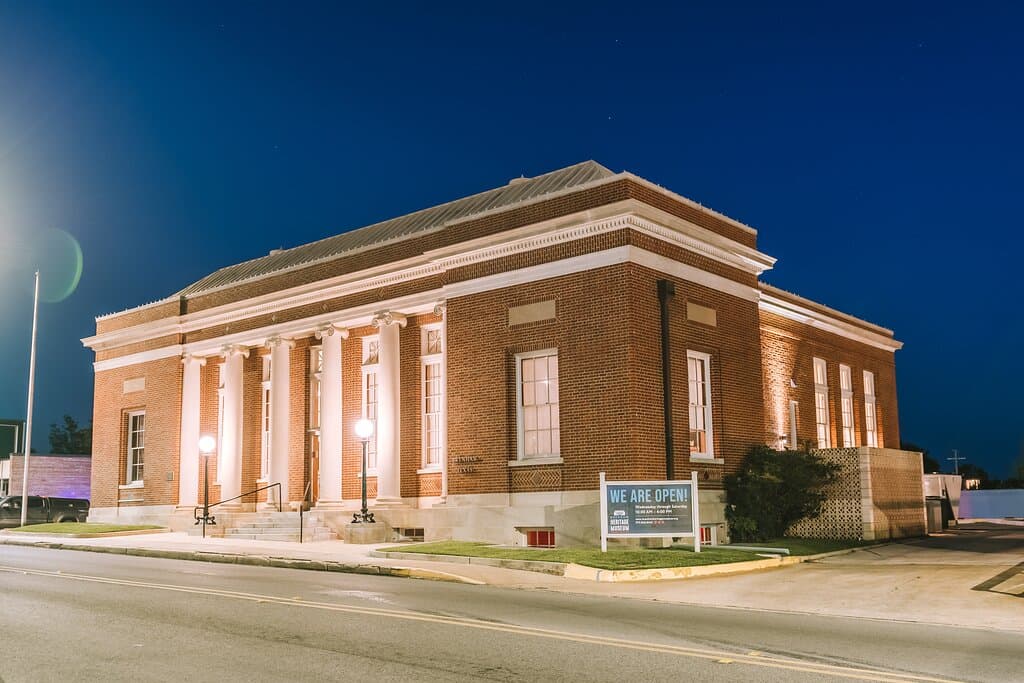 Brenham Heritage Museum interior at night.