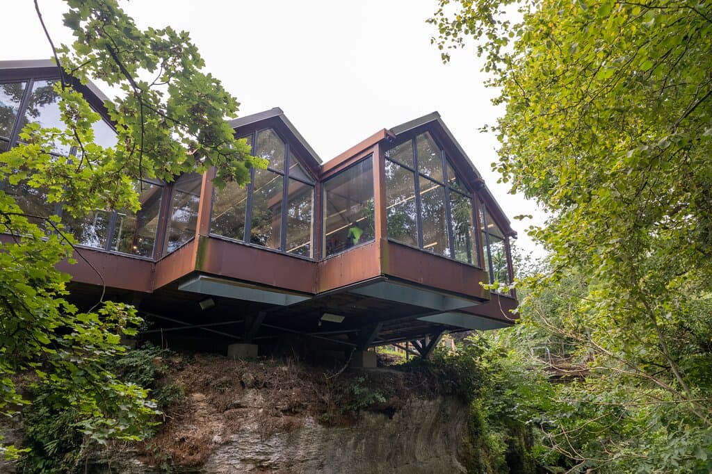 A view of the cantilevered cafe overhanging the gorge - with floor to ceiling walls and partial glass floors, the cafe gives an amazing view of the gorge and surrounding countryside.