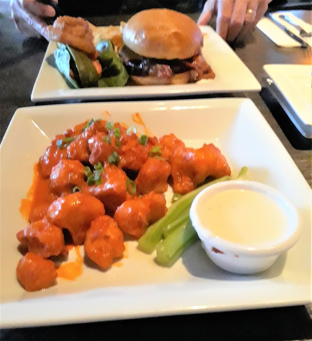 The Buffalo Cauliflower is not as hot as it appears.  IMHO, it was perfectly seasoned.  Spicy, yes; crazy, no.