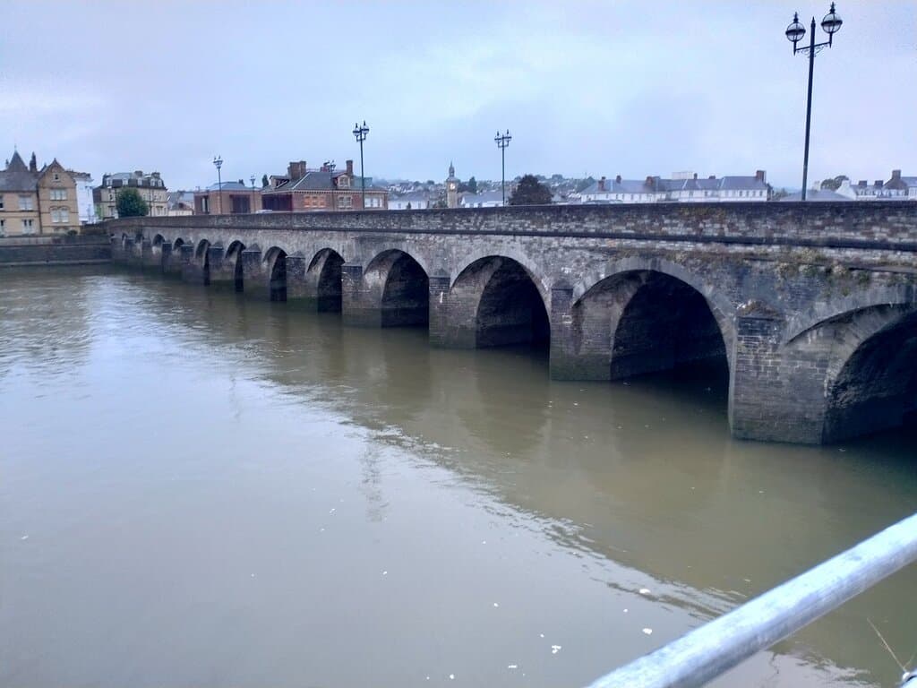 The medieval long stone bridge over the River Taw