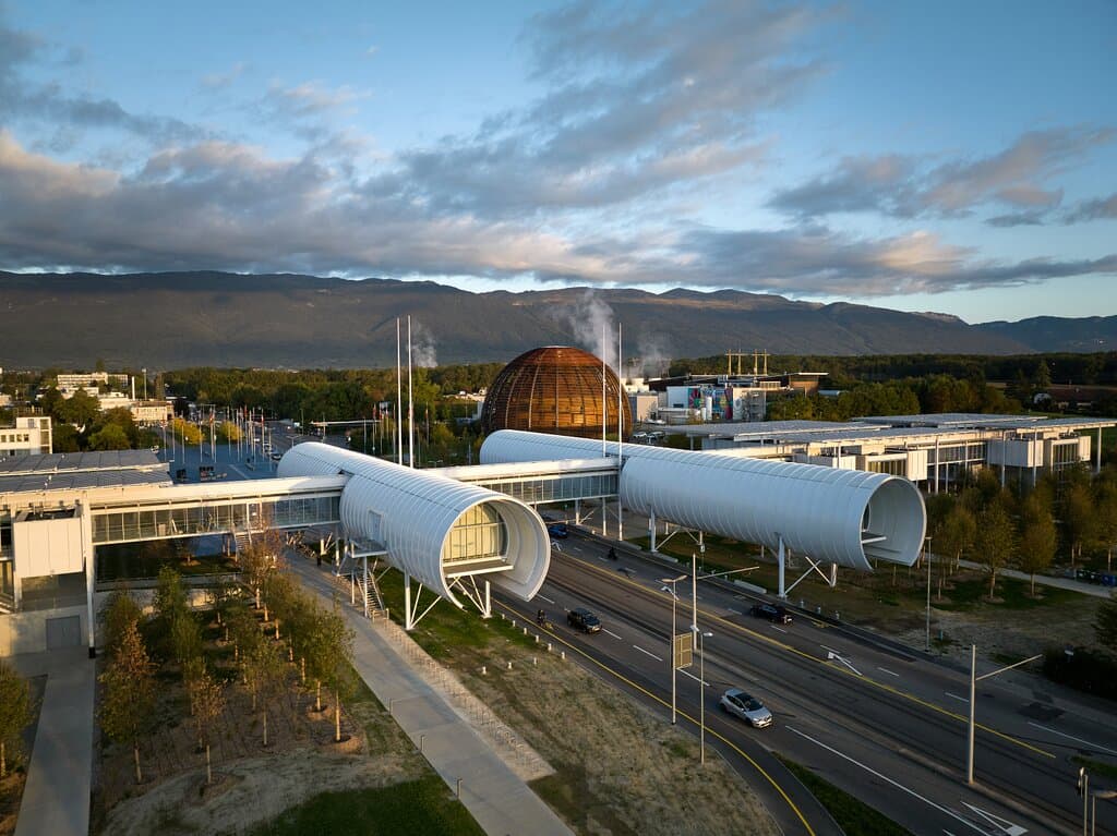 CERN Science Gateway with the Globe of Science and Innovation and the Jura moutains choin in the back