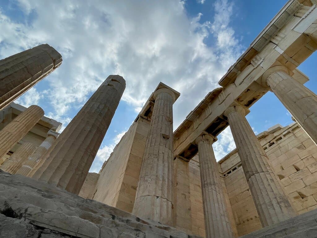 This imposing, ceremonial gateway to the Acropolis was built in the 430s BC by Pericles and was part of an expansive building programme designed to revive and glorify Athens.