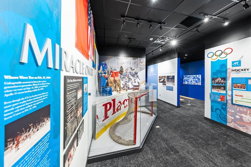 The Miracle on Ice exhibit at the Lake Placid Olympic Museum, with artifacts from the 1980 US Hockey Team and Soviet Silver Medal.