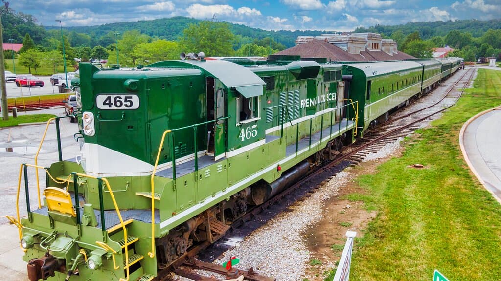 Locomotive 465, an EMD GP9 sits ready to pull the train.