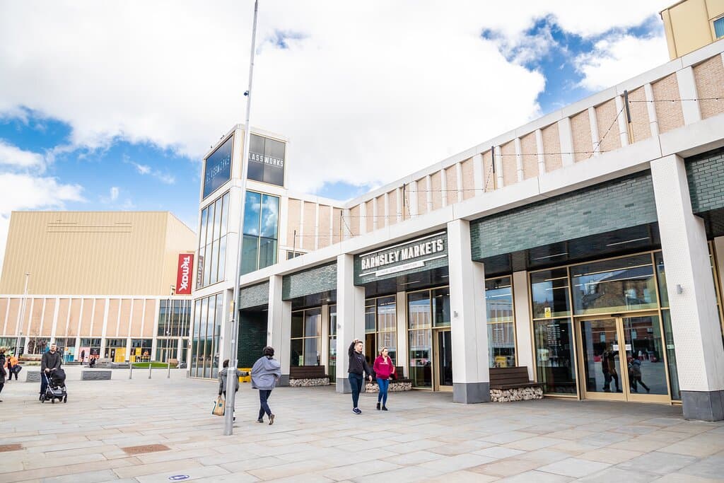 May Day Green entrance to Barnsley Market and The Glass Works Square