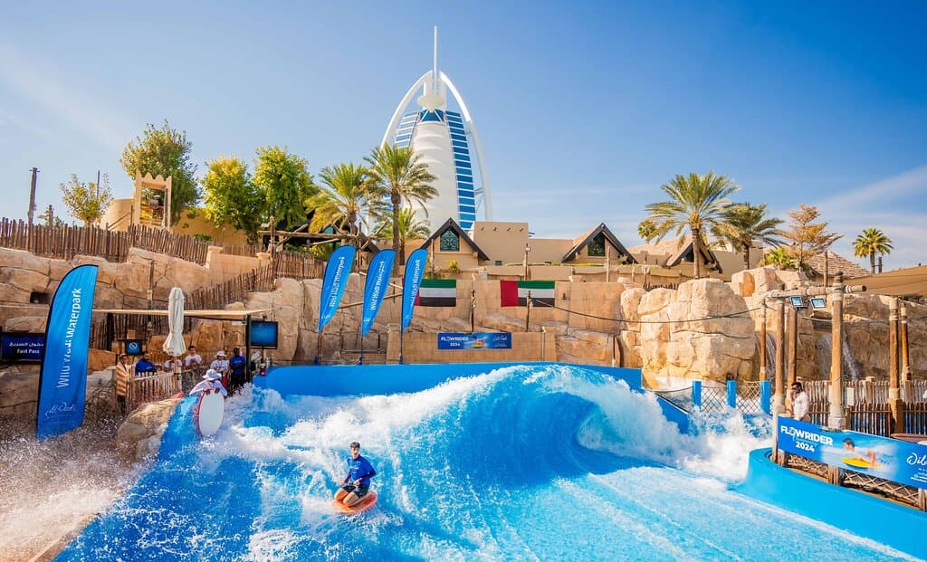 Wild Wadi Waterpark FlowRider Wipeout with the Iconic Burj Al Arab
