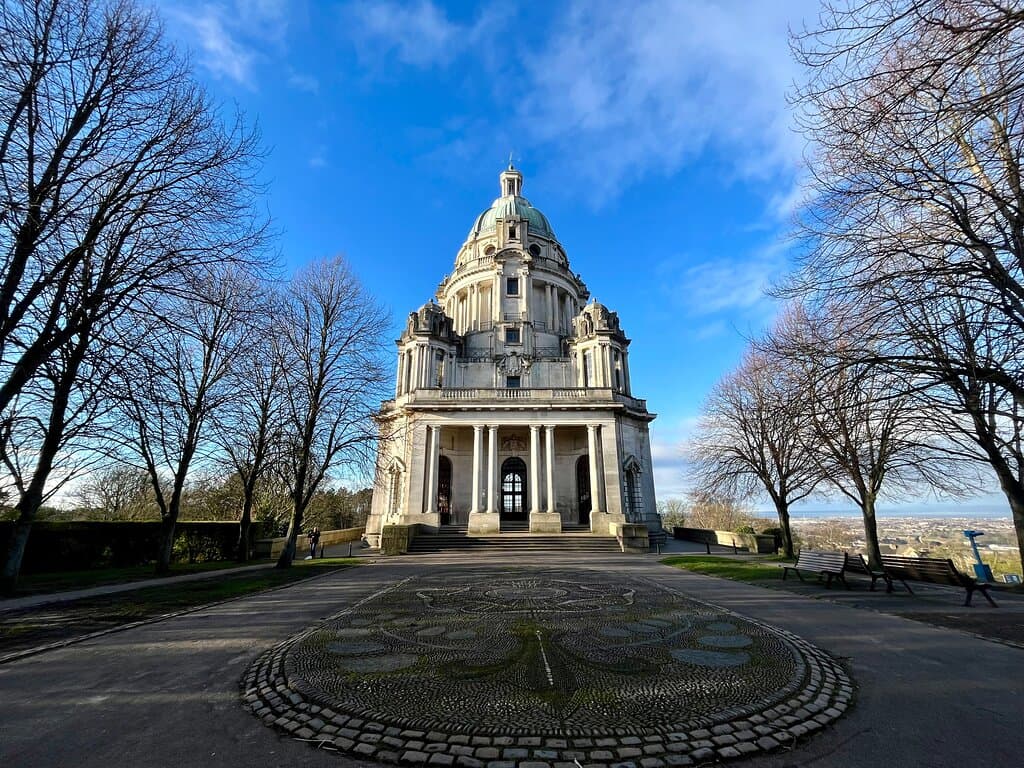 The Ashton Memorial building, viewed from the top of the hill, in Williamson park Lancaster, England. Often know as the Taj Mahal of the North it was build by Lord Ashton in memory of his wife in 1909